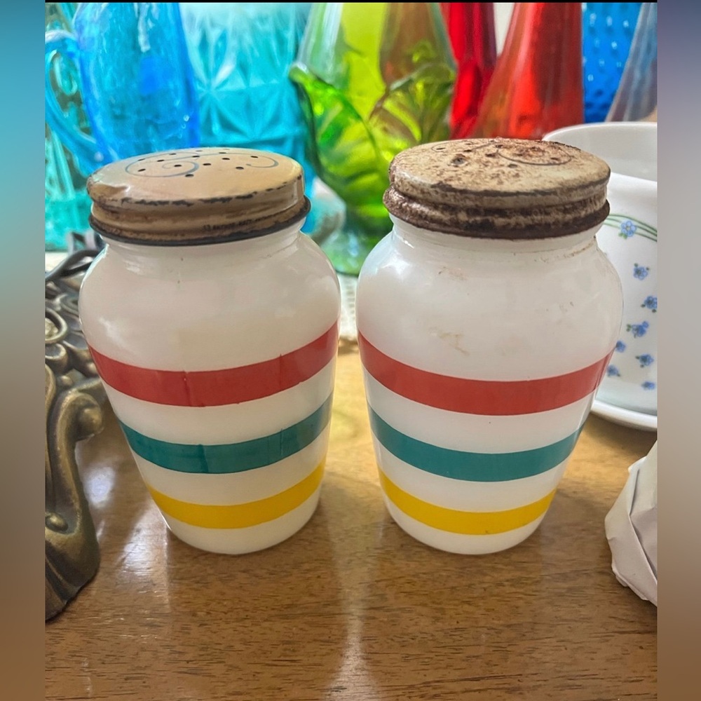 Fire king Hazel Atlas colonial stripe salt and pepper shakers